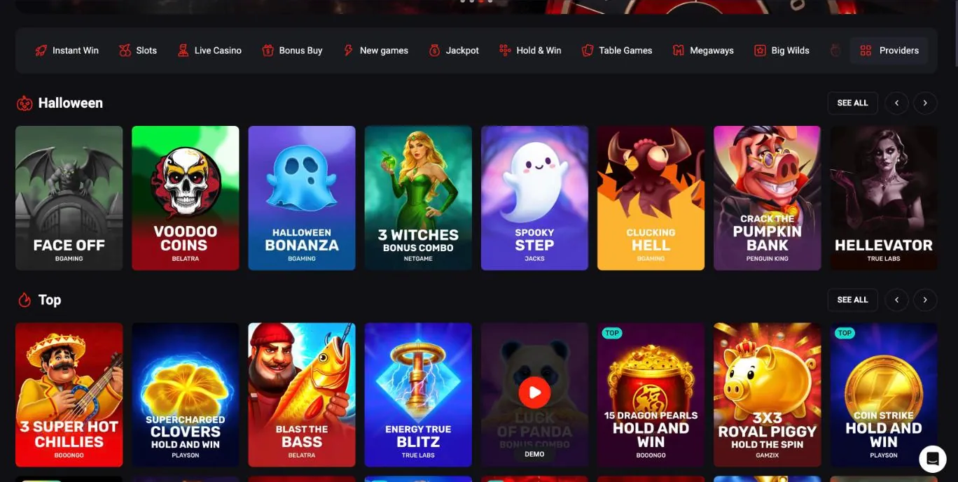 N1Bet Casino lobby with a Halloween row and the Top row, each tile naming its studio, such as BGaming, Belatra, NetGame, Booongo, Playson and Gamzix