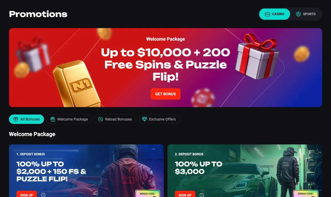 N1Bet Casino promotions page with the banner Welcome Package Up to $10,000 + 200 Free Spins & Puzzle Flip and the cards 1. Deposit Bonus 100% up to $2,000 + 150 FS & Puzzle Flip and 2. Deposit Bonus 100% up to $3,000