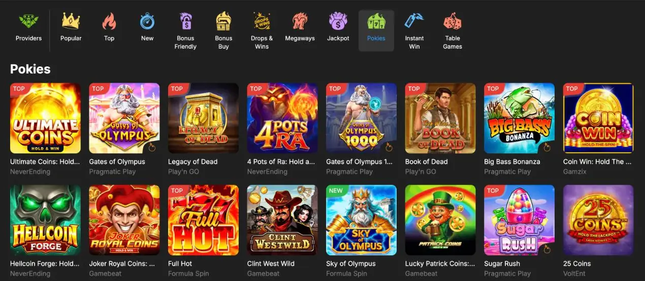 NeedForSpin Casino Pokies lobby with Ultimate Coins, Gates of Olympus, Legacy of Dead, Book of Dead, Big Bass Bonanza, Sugar Rush and 25 Coins, each tile naming its studio