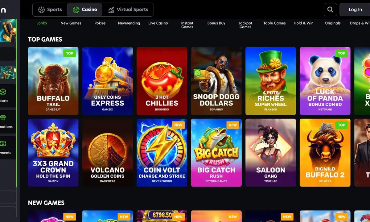 Neospin Casino lobby with the category bar and the row Top Games, tiles from Gamebeat, Gamzix, Booongo, BGaming, Playson, NetGame and Belatra