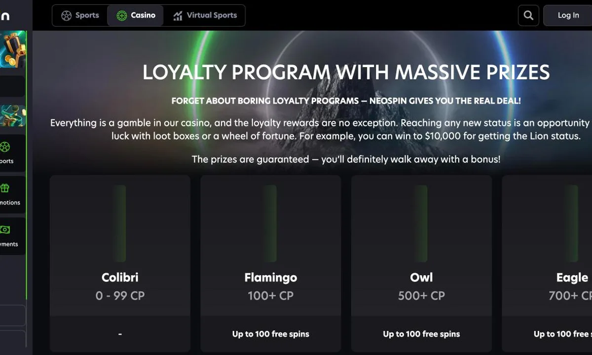 Neospin Casino loyalty program page headed Loyalty program with massive prizes, with the first statuses Colibri, Flamingo, Owl and Eagle and their rewards