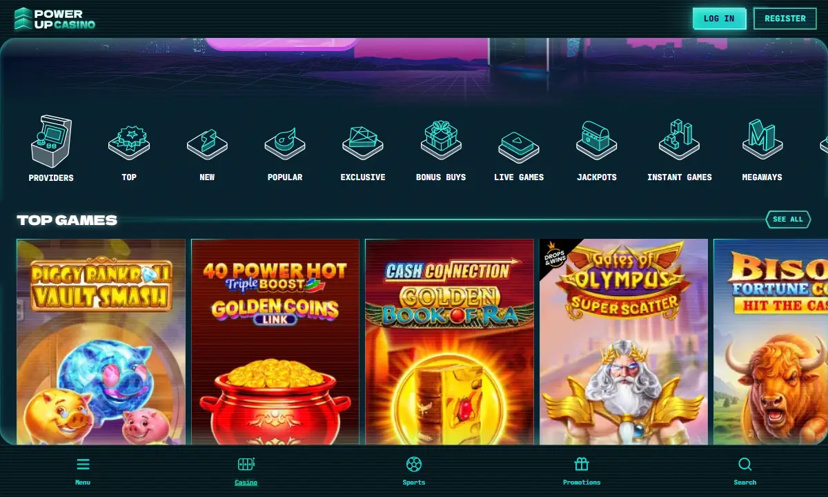 Spielelobby von PowerUp Casino mit Kategorieleiste von Providers bis Megaways und der Reihe Top Games, darunter Cash Connection Golden Book of Ra und Gates of Olympus Super Scatter