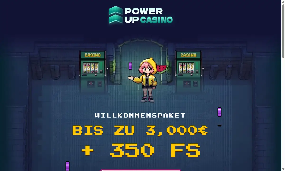Deutsche Angebotsseite von PowerUp Casino mit einer Pixelfigur zwischen zwei Spielautomaten und dem Willkommenspaket bis zu 3.000 Euro plus 350 Freispiele