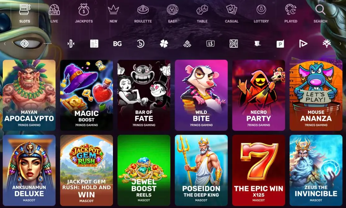 Ricky Casino slot lobby with the categories Slots, Live, Jackpots, New, Roulette, Easy, Table, Casual, Lottery, Played and Search, a studio bar and tiles such as Mayan Apocalypto, Magic Boost, Bar of Fate, Wild Bite, Anksunamun Deluxe and Zeus the Invincible from 7Rings Gaming and Mascot