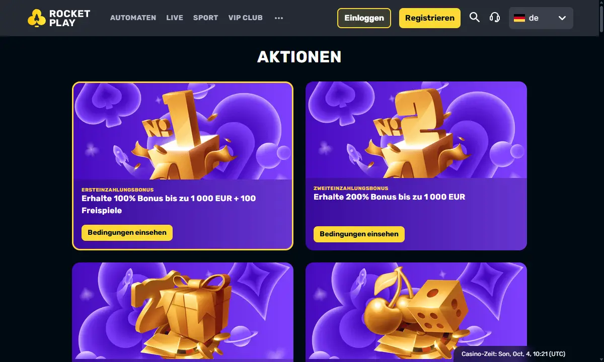 Aktionsseite von RocketPlay Casino mit den Karten Ersteinzahlungsbonus 100% bis 1.000 Euro plus 100 Freispiele und Zweiteinzahlungsbonus 200% bis 1.000 Euro