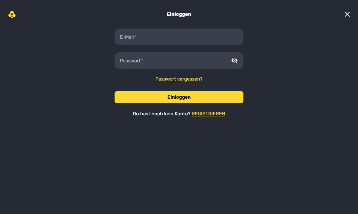 Leeres Anmeldefenster von RocketPlay Casino mit Feldern für E-Mail und Passwort, dem Link Passwort vergessen und dem Knopf Einloggen