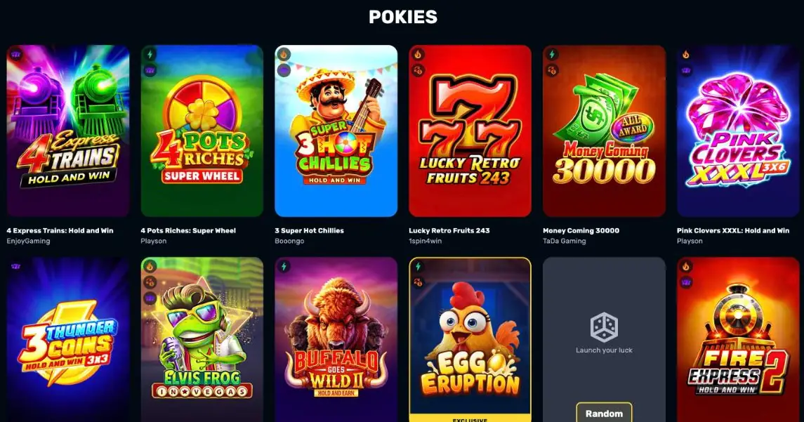 RocketPlay Casino pokies lobby with 4 Express Trains, 4 Pots Riches, 3 Super Hot Chillies, Lucky Retro Fruits 243, Money Coming 30000 and Pink Clovers XXXL, each tile naming its studio