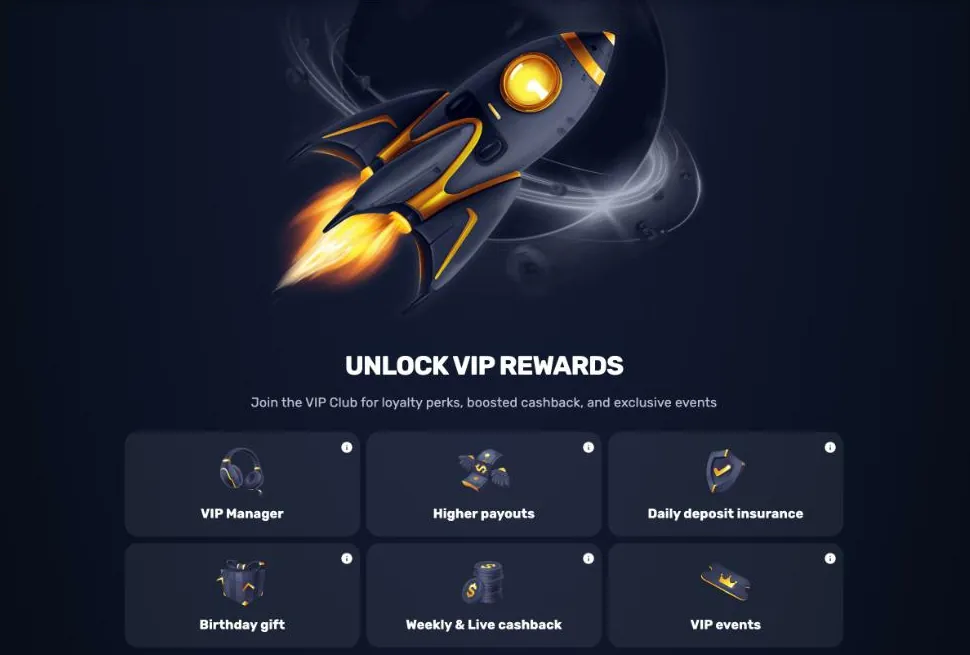 RocketPlay Casino VIP Club page with a rocket, the heading Unlock VIP Rewards and the tiles VIP Manager, Higher payouts, Daily deposit insurance, Birthday gift, Weekly & Live cashback and VIP events