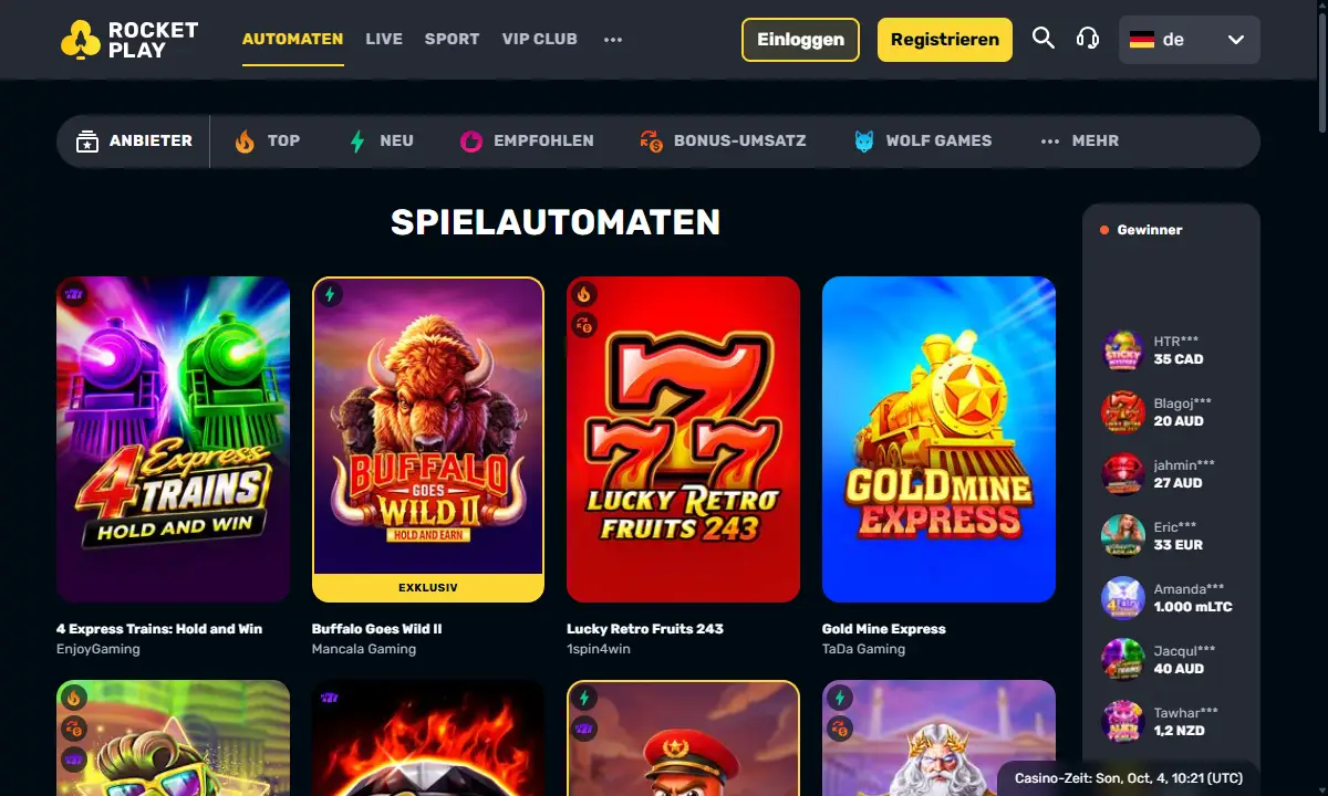 Spielautomaten-Lobby von RocketPlay Casino mit der Leiste Anbieter, Top, Neu, Empfohlen, Bonus-Umsatz und Wolf Games, darunter Kacheln wie 4 Express Trains und Buffalo Goes Wild II mit dem Etikett Exklusiv