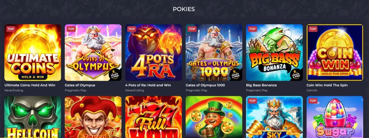 RollingSlots Casino pokies lobby with Ultimate Coins, Gates of Olympus, 4 Pots of Ra, Gates of Olympus 1000, Big Bass Bonanza and Coin Win, each tile naming its studio