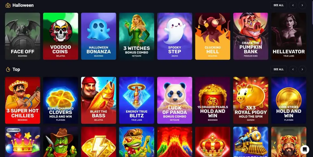 RollXO Casino lobby with a Halloween row and the Top row, each tile naming its studio, such as Booongo, Playson, Belatra, NetGame and Gamzix