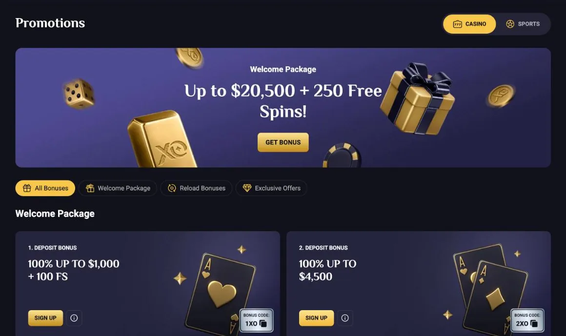 RollXO Casino promotions page with the banner Welcome Package Up to $20,500 + 250 Free Spins and the cards 1. Deposit Bonus 100% up to $1,000 + 100 FS and 2. Deposit Bonus 100% up to $4,500