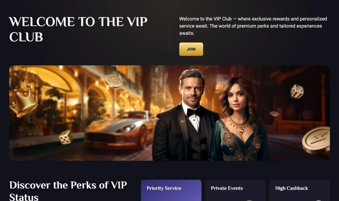 RollXO Casino VIP Club page with the heading Welcome to the VIP Club and the perks Priority Service, Private Events and High Cashback