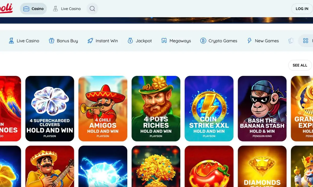 Rooli Casino lobby with the category bar Slots, Live Casino, Bonus Buy, Instant Win, Jackpot, Megaways, Crypto Games and New Games and the row Top with tiles from Booongo, Playson and Penguin King
