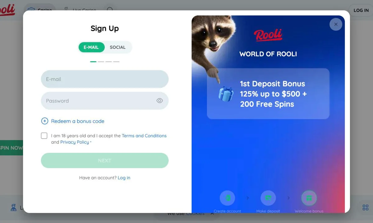 Empty Rooli Casino sign-up form with email and password fields and a bonus code link, next to the offer 1st Deposit Bonus 125% up to $500 + 200 Free Spins