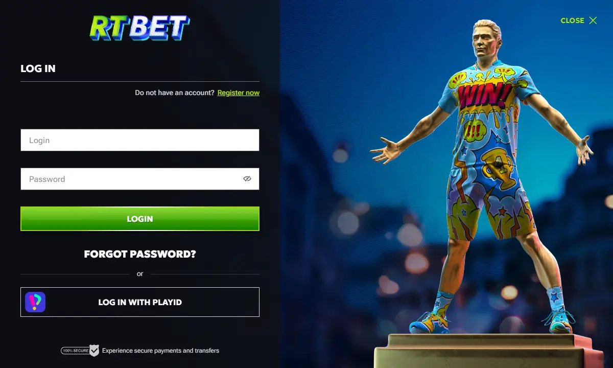 Leeres Anmeldefenster von RTBet Casino mit Feldern für Login und Passwort, dem Knopf Login und der Anmeldung über PlayID