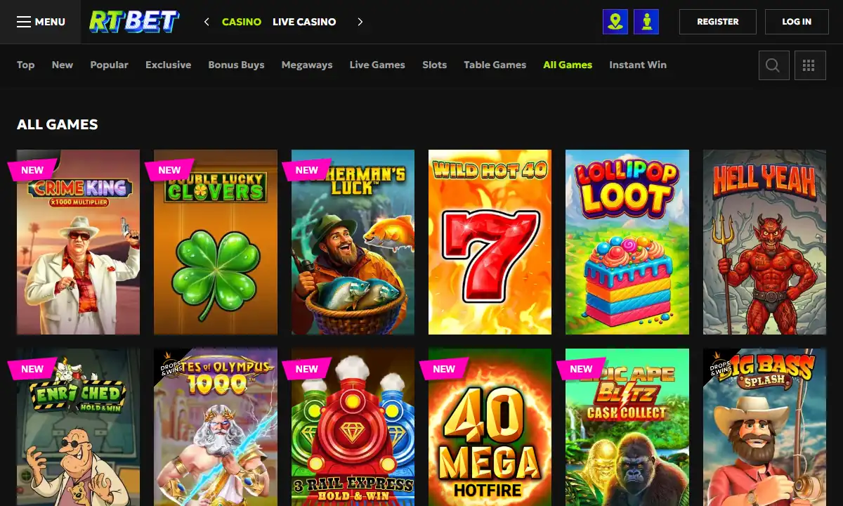 Spielelobby von RTBet Casino mit dem Reiter All Games, der Kategorieleiste von Top bis Instant Win und zwölf Spielkacheln, darunter Gates of Olympus 1000 und Big Bass Splash