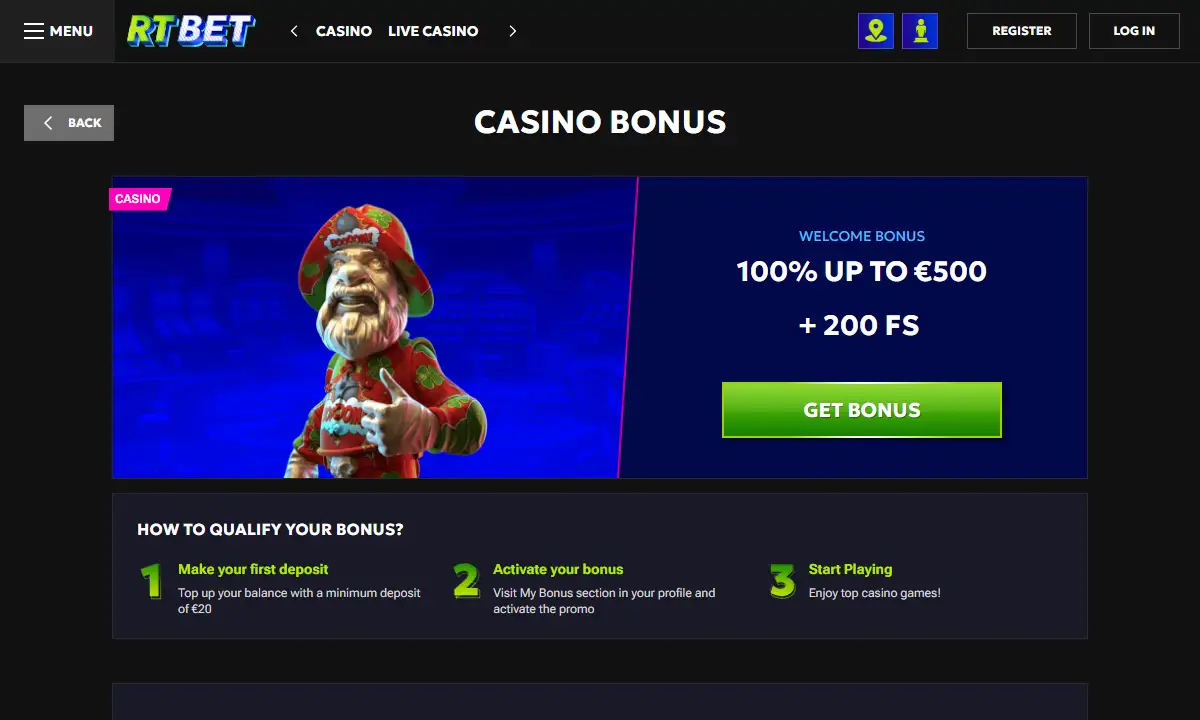 Angebotsseite von RTBet Casino mit dem Willkommensbonus 100% bis 500 Euro und 200 Freispielen, einer Comicfigur mit Hut und drei Schritten von der Einzahlung ab 20 Euro bis zum Spielen