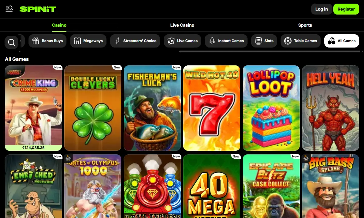 Spielelobby von Spinit Casino mit der Kategorieleiste von Bonus Buys bis All Games und zwölf Spielkacheln, darunter Crime King, Gates of Olympus 1000 und Big Bass Splash