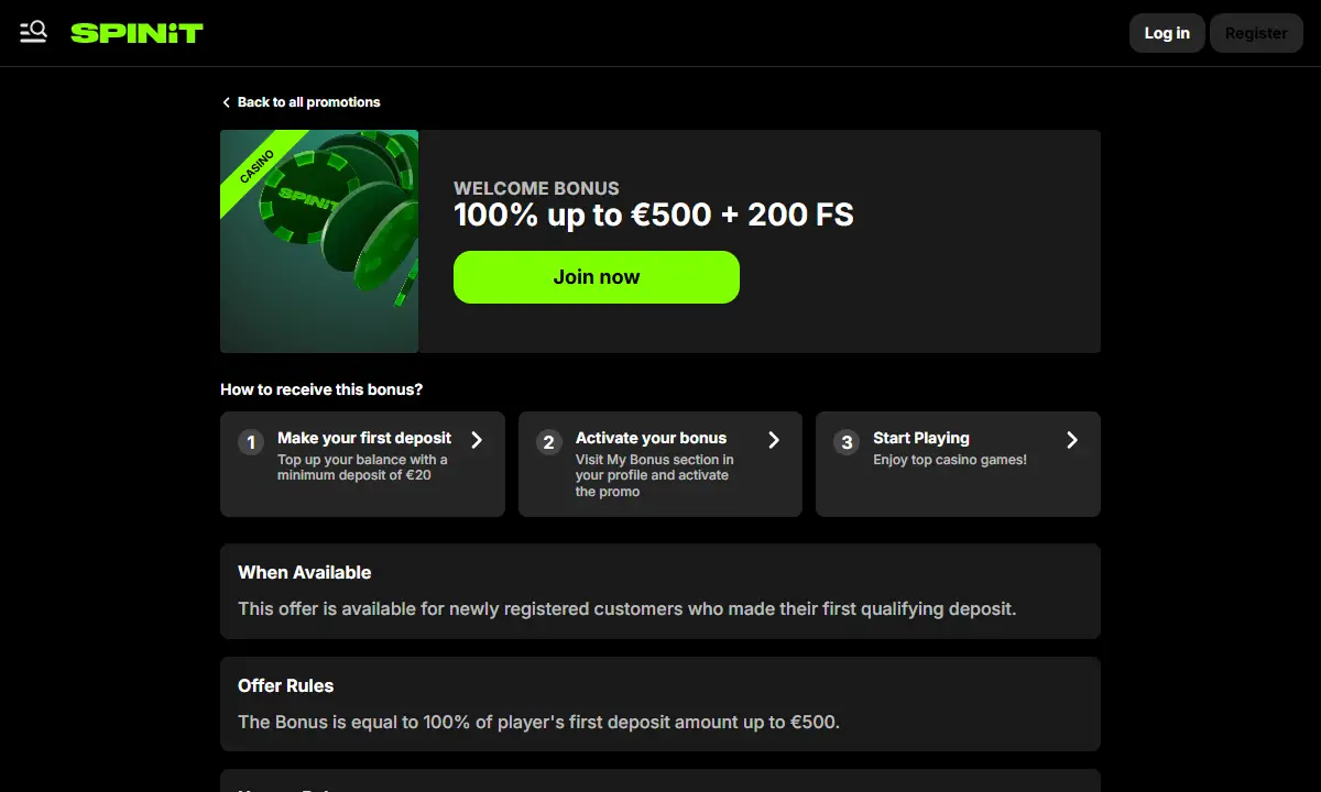 Angebotsseite von Spinit Casino mit dem Willkommensbonus 100% bis 500 Euro und 200 Freispielen, darunter drei Schritte von der Einzahlung ab 20 Euro bis zum Spielstart