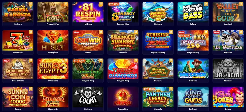 Spinko Casino slots lobby with game tiles such as Barrel Bonanza, Big Bass Secrets of the Golden Lake, Sizzling Hot Deluxe and Sun of Egypt 3, each with its studio name
