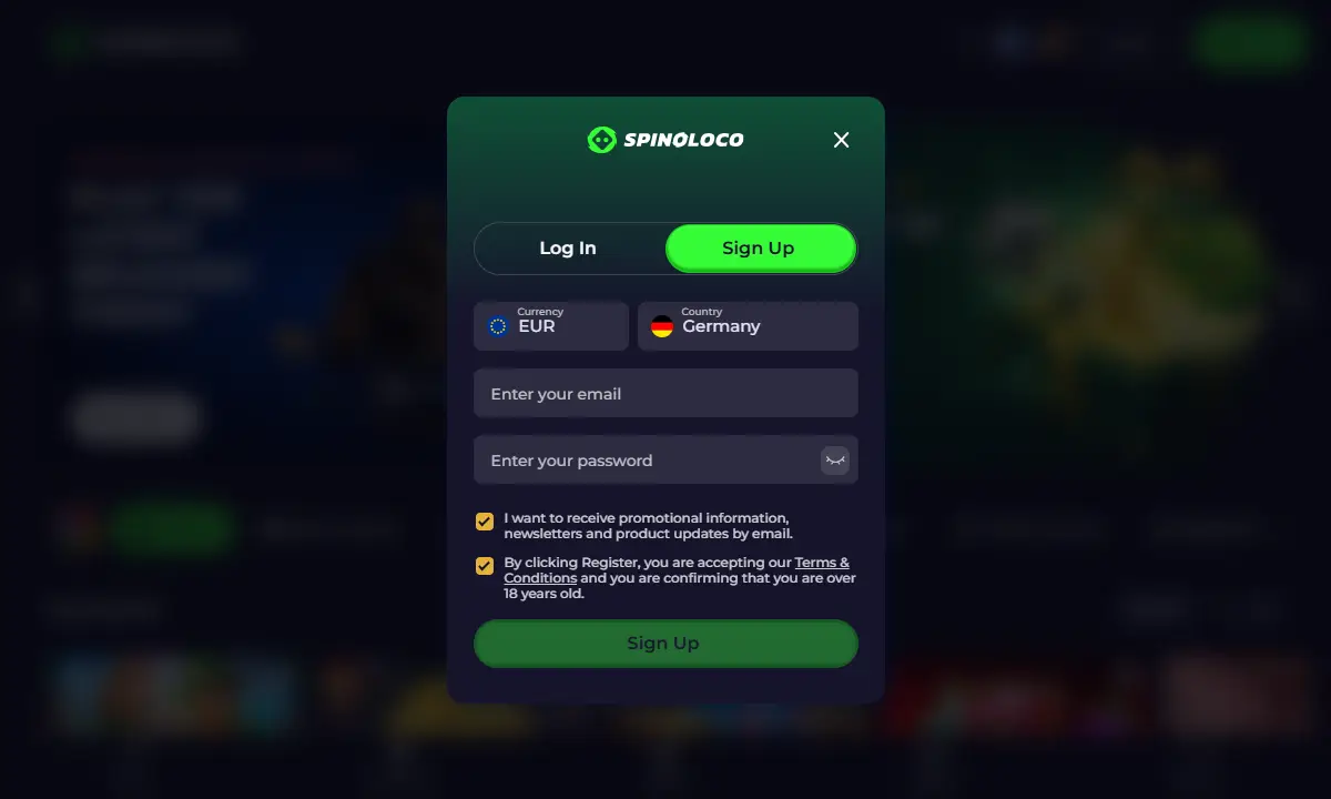 Leeres Registrierungsfenster von Spinoloco Casino mit Währung EUR, Land Germany, Feldern für E-Mail und Passwort und zwei vorgesetzten Häkchen