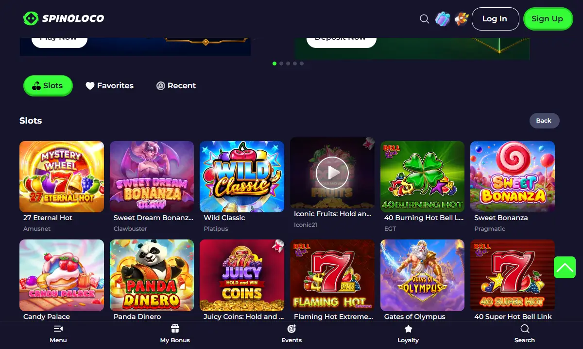 Slots-Lobby von Spinoloco Casino mit zwölf Spielkacheln, darunter 27 Eternal Hot, Sweet Bonanza und Gates of Olympus