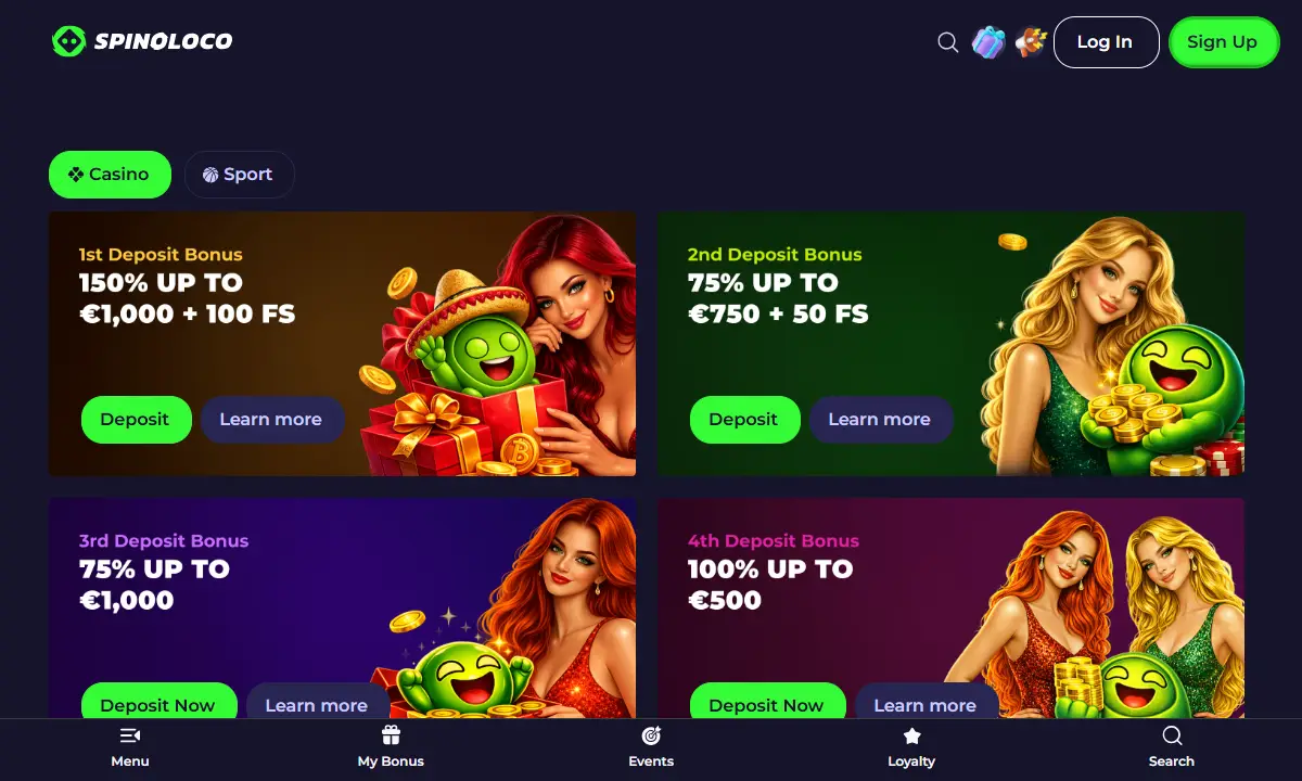 Aktionsseite von Spinoloco Casino mit den Karten für den ersten bis vierten Einzahlungsbonus, darunter 150 Prozent bis 1.000 Euro auf die erste Einzahlung