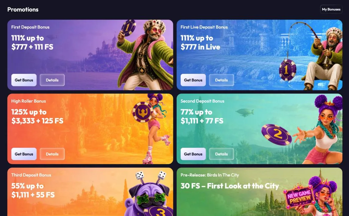 Spinrise Casino promotions page with the cards First Deposit Bonus 111% up to $777 + 111 FS, First Live Deposit Bonus, High Roller Bonus 125% up to $3,333 + 125 FS and Second Deposit Bonus 77% up to $1,111 + 77 FS