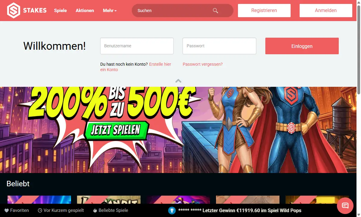 Leeres Anmeldefenster von Stakes Casino mit den Feldern Benutzername und Passwort, dem Knopf Einloggen und dem Link Passwort vergessen