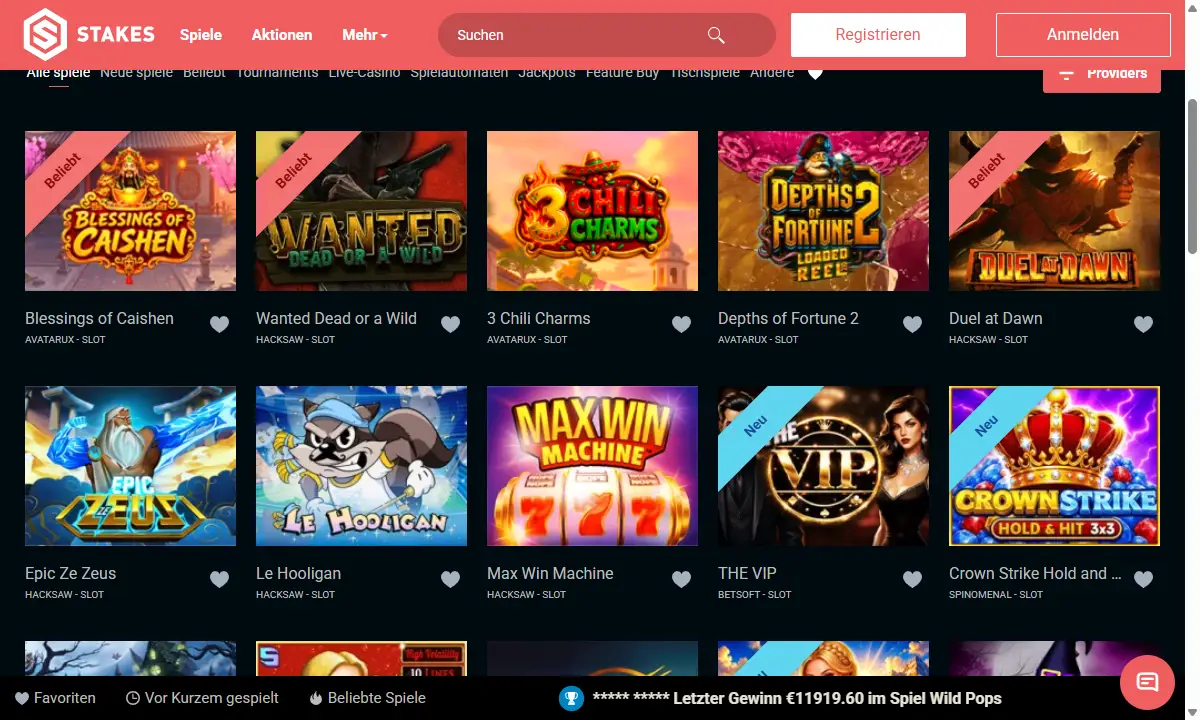 Spielelobby von Stakes Casino mit der Kategorieleiste von Alle Spiele bis Andere und zehn Spielkacheln, darunter Wanted Dead or a Wild mit dem Band Beliebt