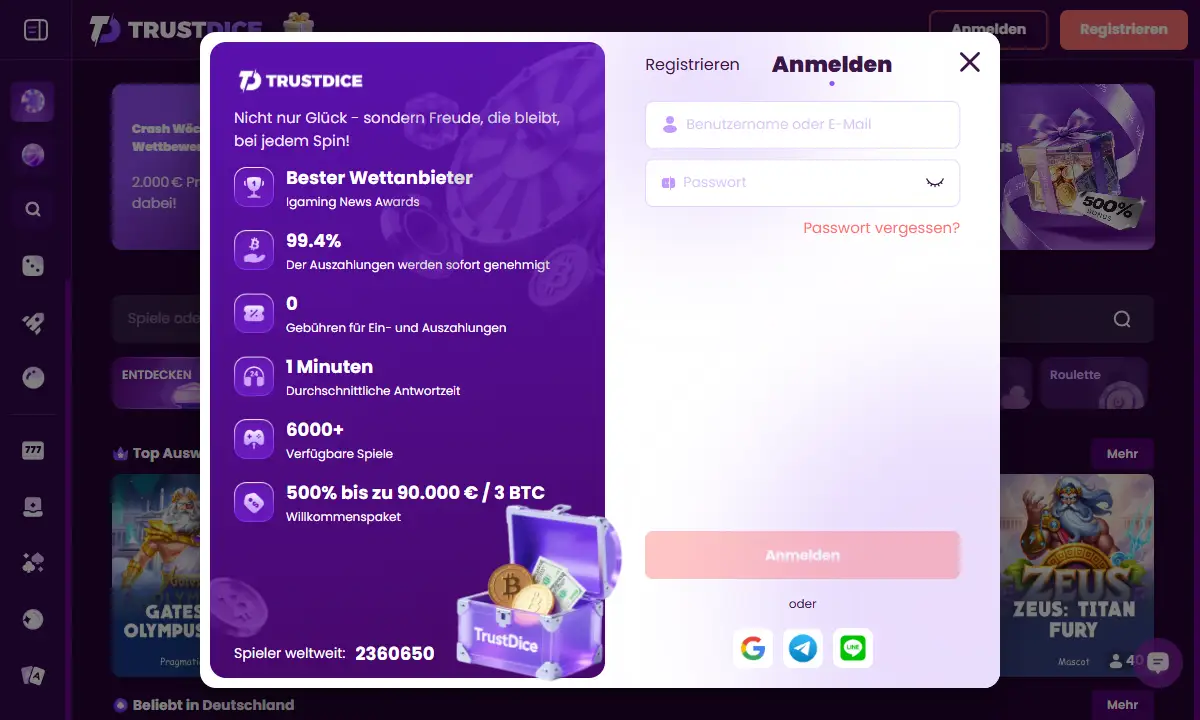 Leeres Anmeldefenster von TrustDice Casino mit Feldern für Benutzername oder E-Mail und Passwort sowie Knöpfen für Google, Telegram und LINE