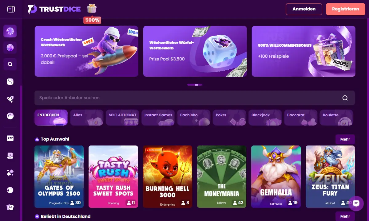 Spielelobby von TrustDice Casino mit Bannern zu Wochenwettbewerben, Suchfeld, Reitern von Entdecken bis Roulette und der Reihe Top Auswahl mit Gates of Olympus 2500