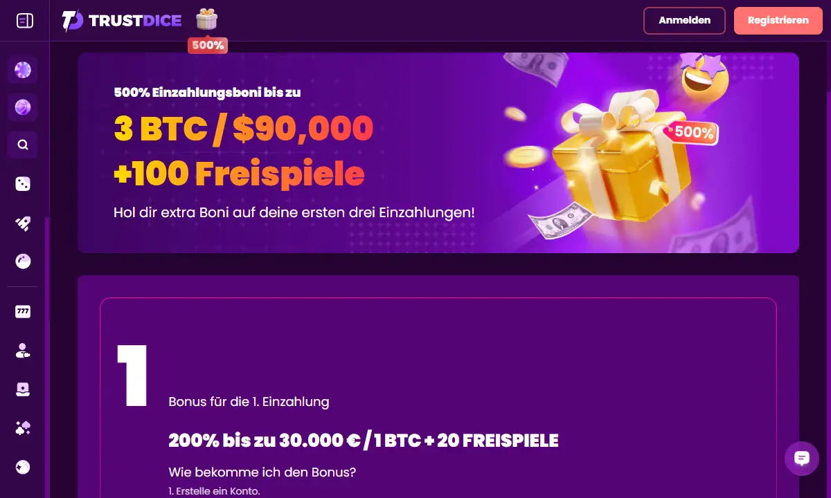 Angebotsseite von TrustDice Casino mit dem Kopf 500% Einzahlungsboni bis zu 3 BTC und 100 Freispielen, darunter die erste Stufe mit 200% bis 30.000 Euro und 20 Freispielen