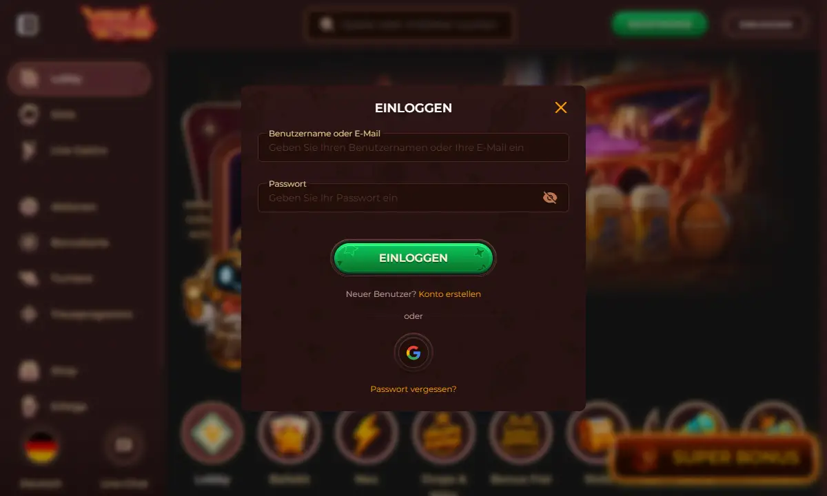 Leeres Anmeldefenster von VegaZone Casino mit Feldern für Benutzername oder E-Mail und Passwort, einem Knopf für die Anmeldung über Google und dem Link Passwort vergessen