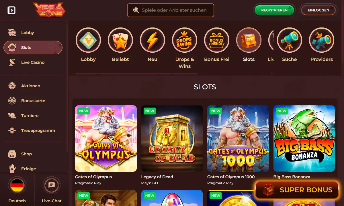 Slot-Lobby von VegaZone Casino mit der Kategorieleiste von Lobby bis Providers und den Kacheln Gates of Olympus, Legacy of Dead, Gates of Olympus 1000 und Big Bass Bonanza