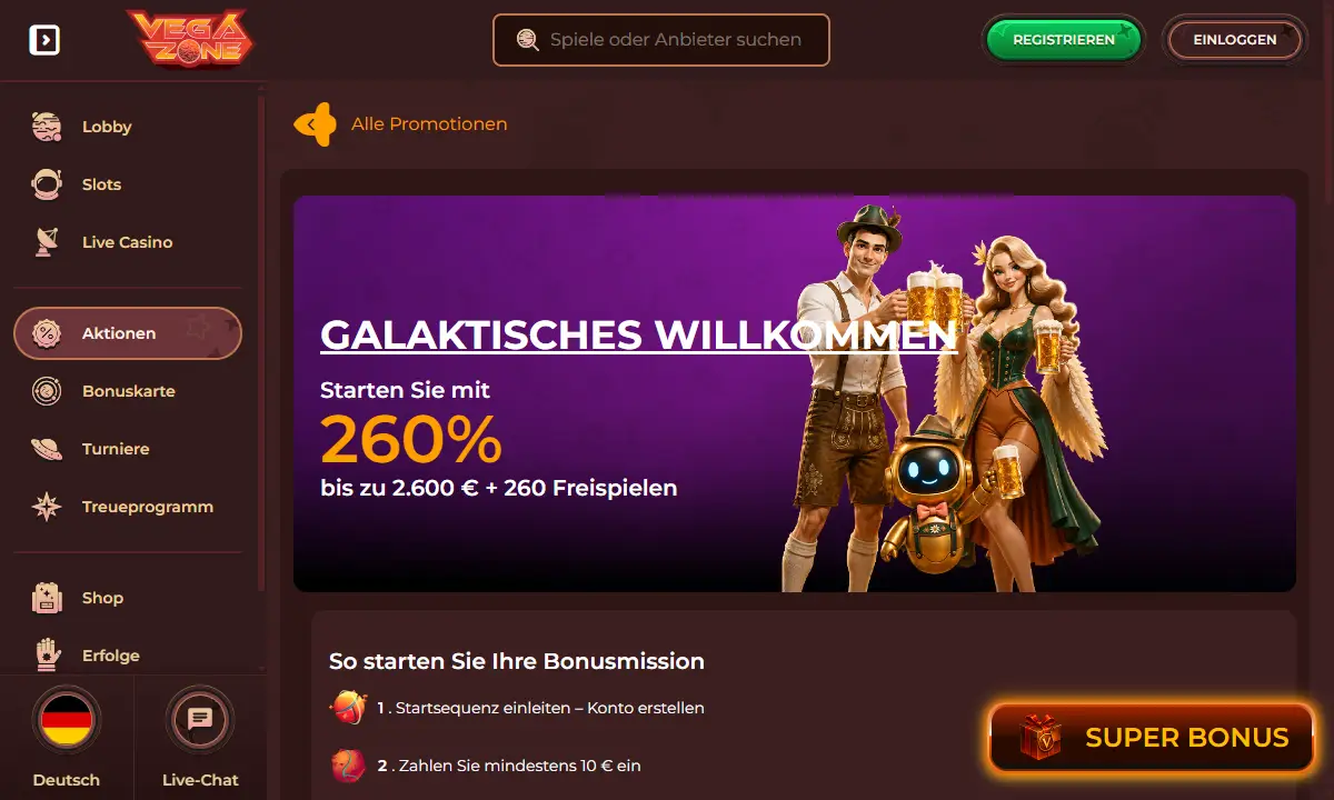 Angebotsseite Galaktisches Willkommen von VegaZone Casino mit 260% bis zu 2.600 Euro und 260 Freispielen, einem Paar in Tracht mit Bierkrügen und den ersten Schritten zur Bonusmission