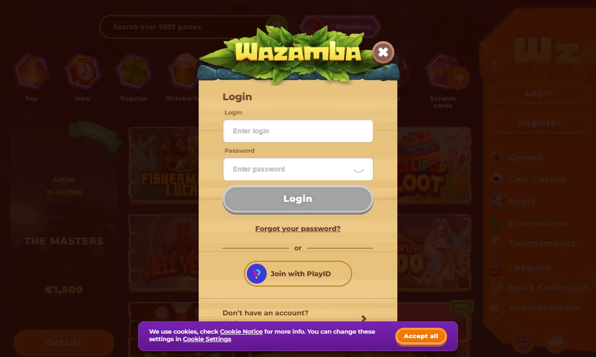 Leeres Anmeldefenster von Wazamba Casino mit Feldern für Login und Passwort, dem Link Forgot your password und dem Knopf Join with PlayID