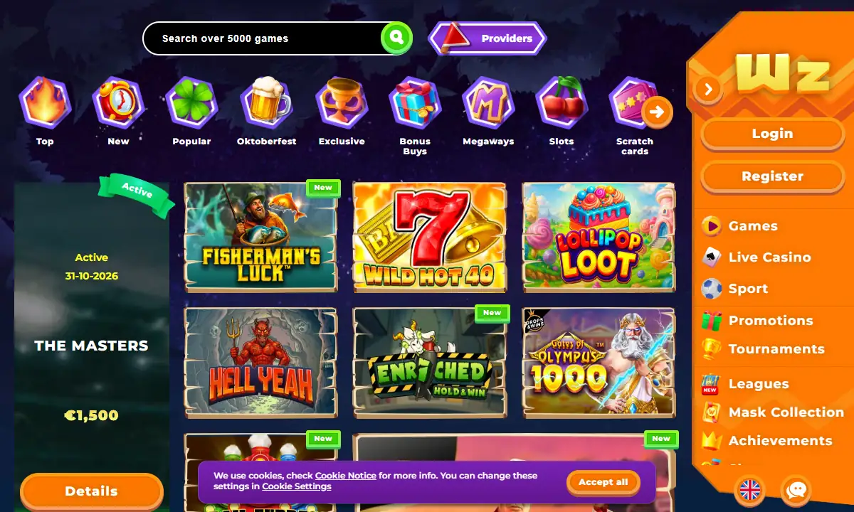 Spielelobby von Wazamba Casino mit Suchfeld, Kategorien von Top bis Scratch cards und Spielkacheln wie Fisherman’s Luck und Gates of Olympus 1000