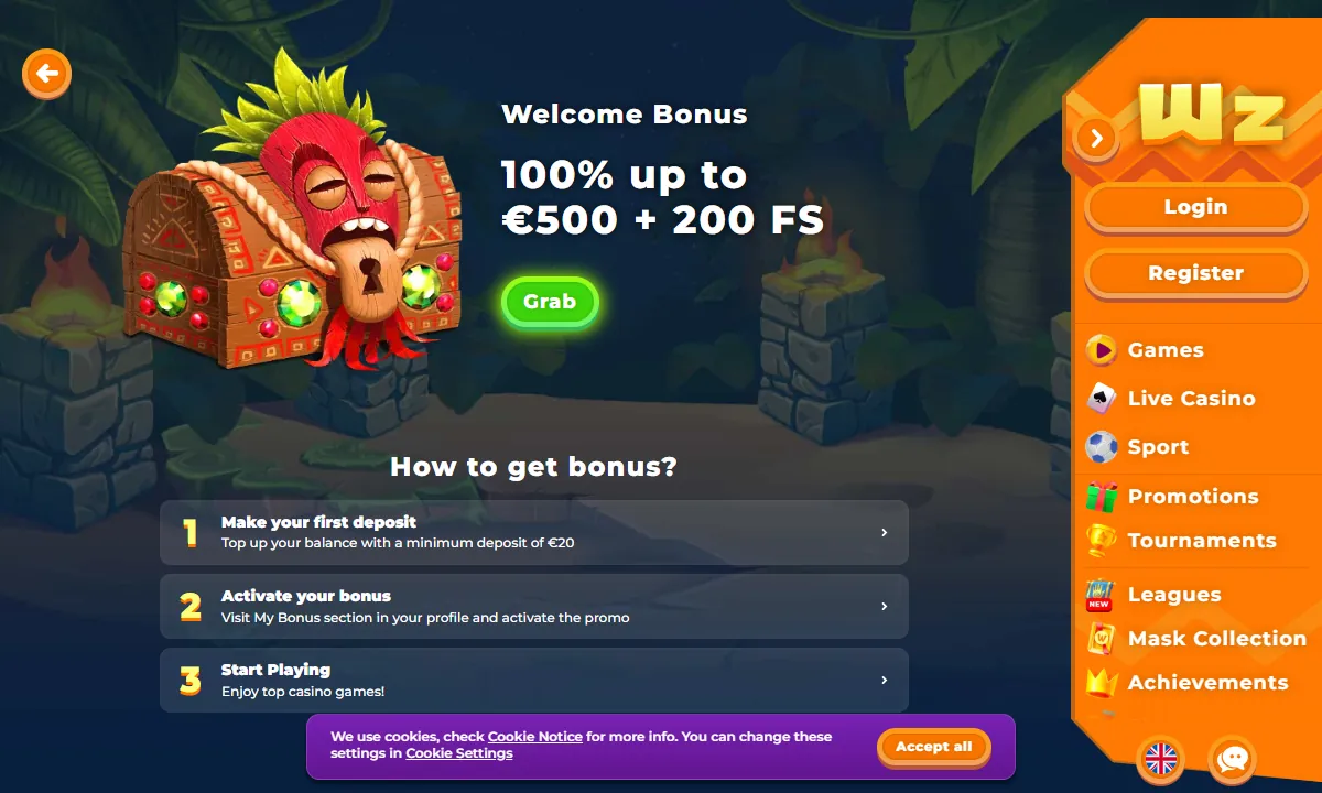 Angebotsseite von Wazamba Casino mit einer Schatztruhe im Dschungel, dem Willkommensbonus 100% bis 500 Euro und 200 Freispielen und drei Schritten ab 20 Euro Einzahlung