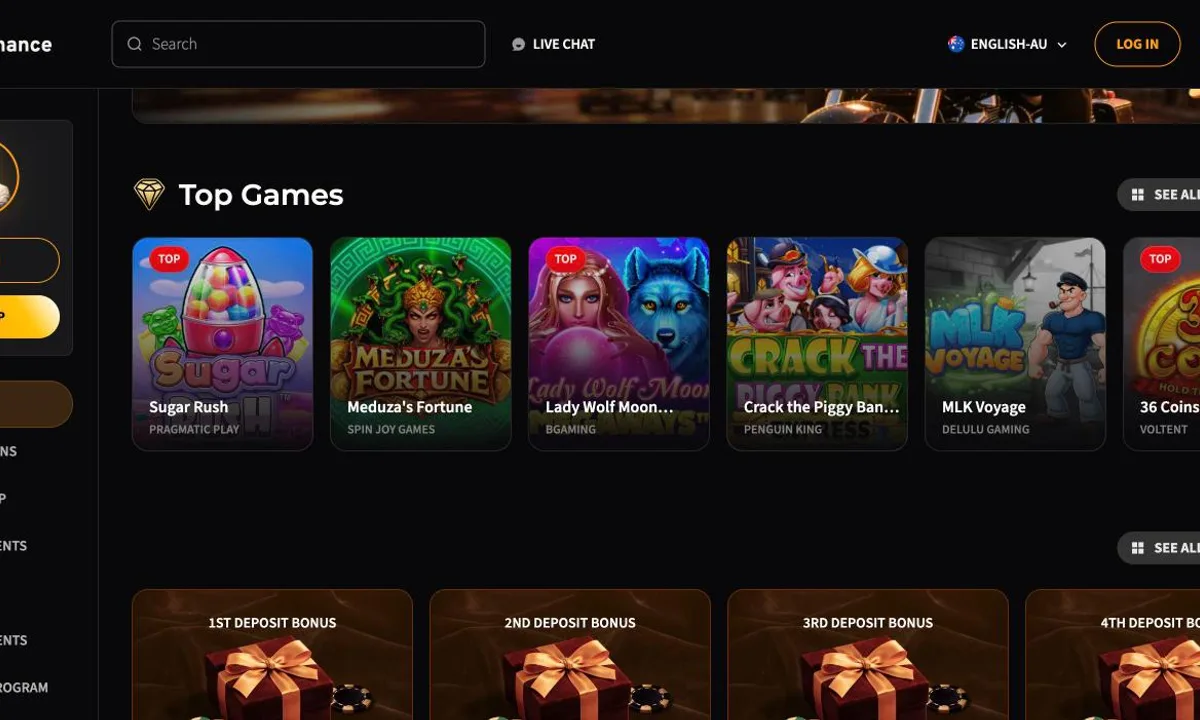 Wild Chance Casino lobby with the row Top Games, tiles naming studios such as Pragmatic Play, BGaming, Penguin King and VoltEnt, and below the four deposit bonus cards