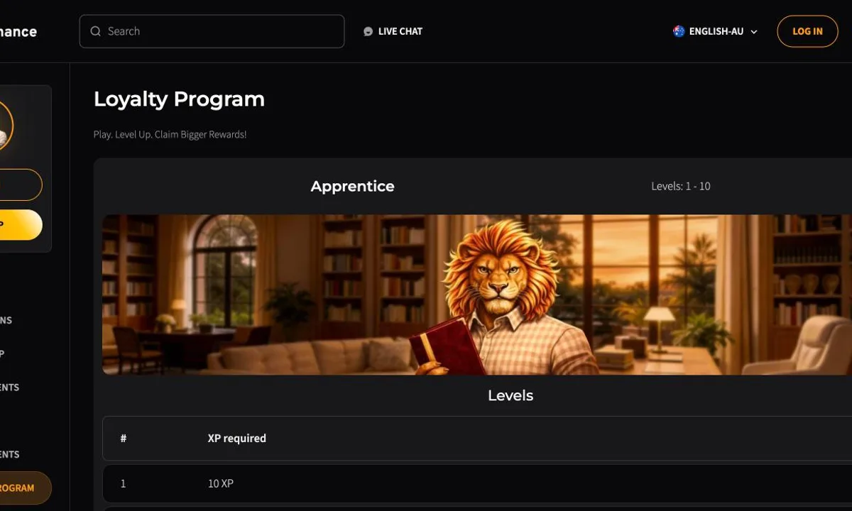 Wild Chance Casino loyalty program page with the first tier Apprentice for levels 1 to 10 and a table of XP required and prizes per level