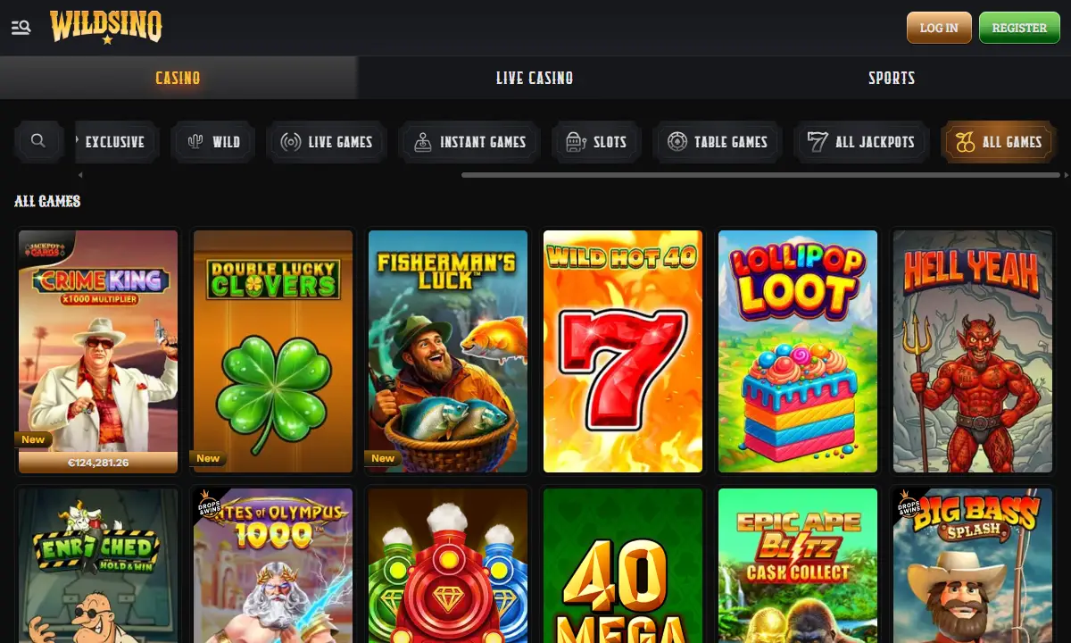 Spielelobby von Wildsino Casino mit der Reihe All Games, der Kategorieleiste von Exclusive bis All Jackpots und Kacheln wie Crime King, Wild Hot 40 und Big Bass Splash