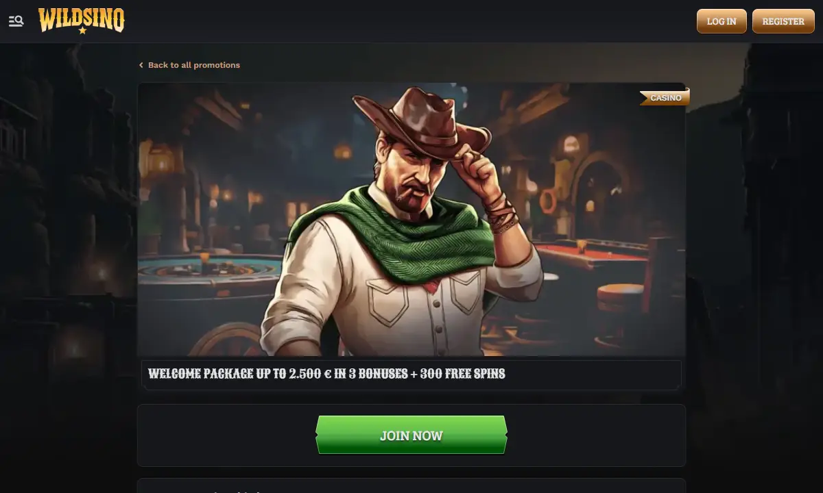 Aktionsseite von Wildsino Casino mit einem Cowboy im Saloon und der Überschrift Welcome Package up to 2.500 Euro in 3 bonuses plus 300 Free Spins