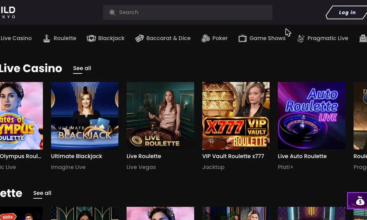 WildTokyo Casino live casino with tabs for roulette, blackjack, baccarat and dice, poker and game shows and a top row from Pragmatic Live, Imagine Live, Live Vegas, Jacktop and Plati+