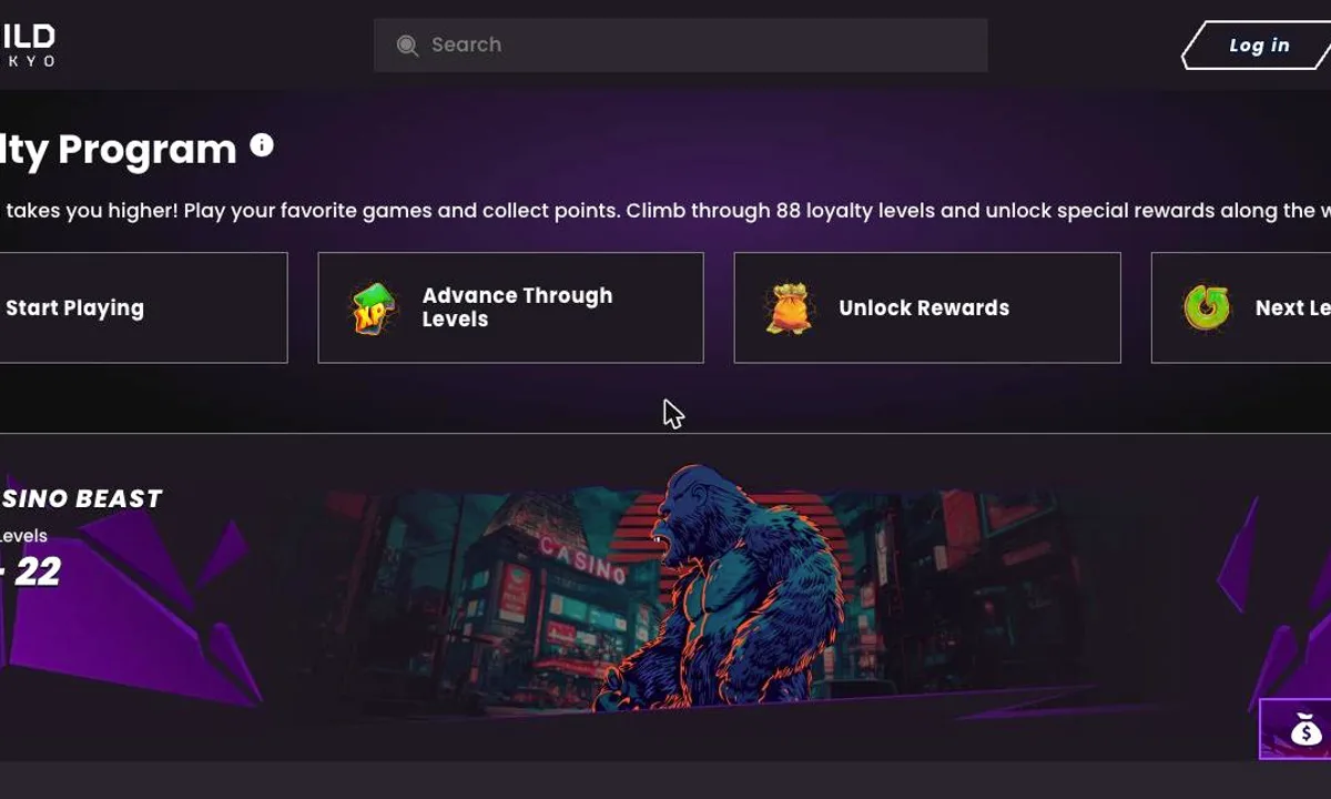 WildTokyo Casino loyalty program page announcing 88 loyalty levels, with the first tier Casino Beast for levels 1 to 22