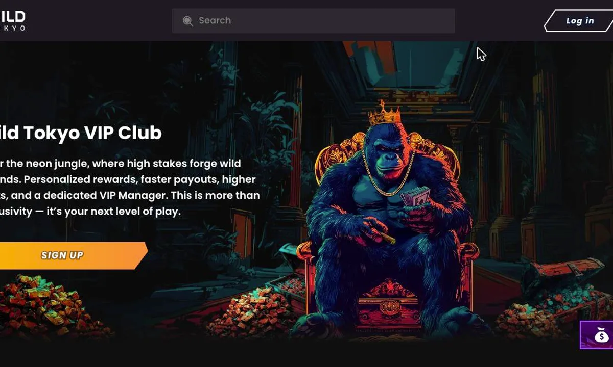 WildTokyo Casino VIP Club page with a crowned gorilla on a throne and the promise of personalised rewards, faster payouts, higher limits and a dedicated VIP manager