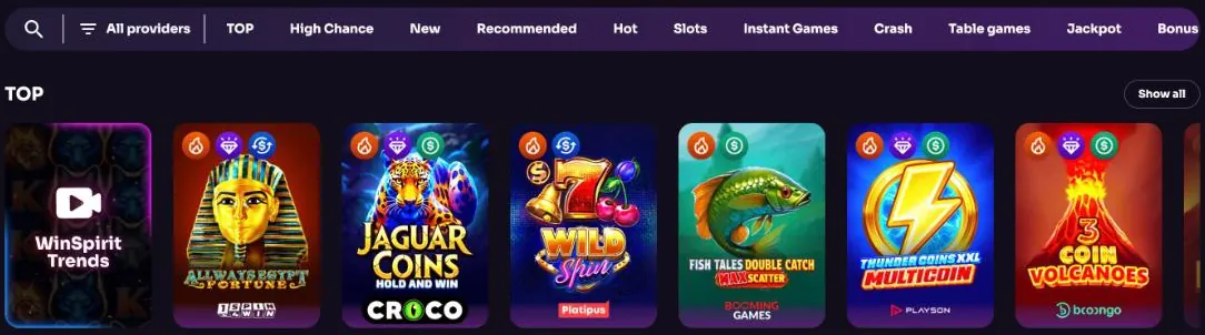WinSpirit Casino lobby with the categories TOP, High Chance, New, Recommended, Hot, Slots, Instant Games, Crash, Table games and Jackpot and the TOP row with Allways Egypt Fortune, Jaguar Coins, Wild Spin, Fish Tales Double Catch, Thunder Coins XXL Multicoin and 3 Coin Volcanoes